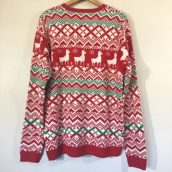 Jolly Sweaters L Ugly Christmas Sweater Llama Santa Hat Scarf Fair Isle‎ - Picture 5 of 5